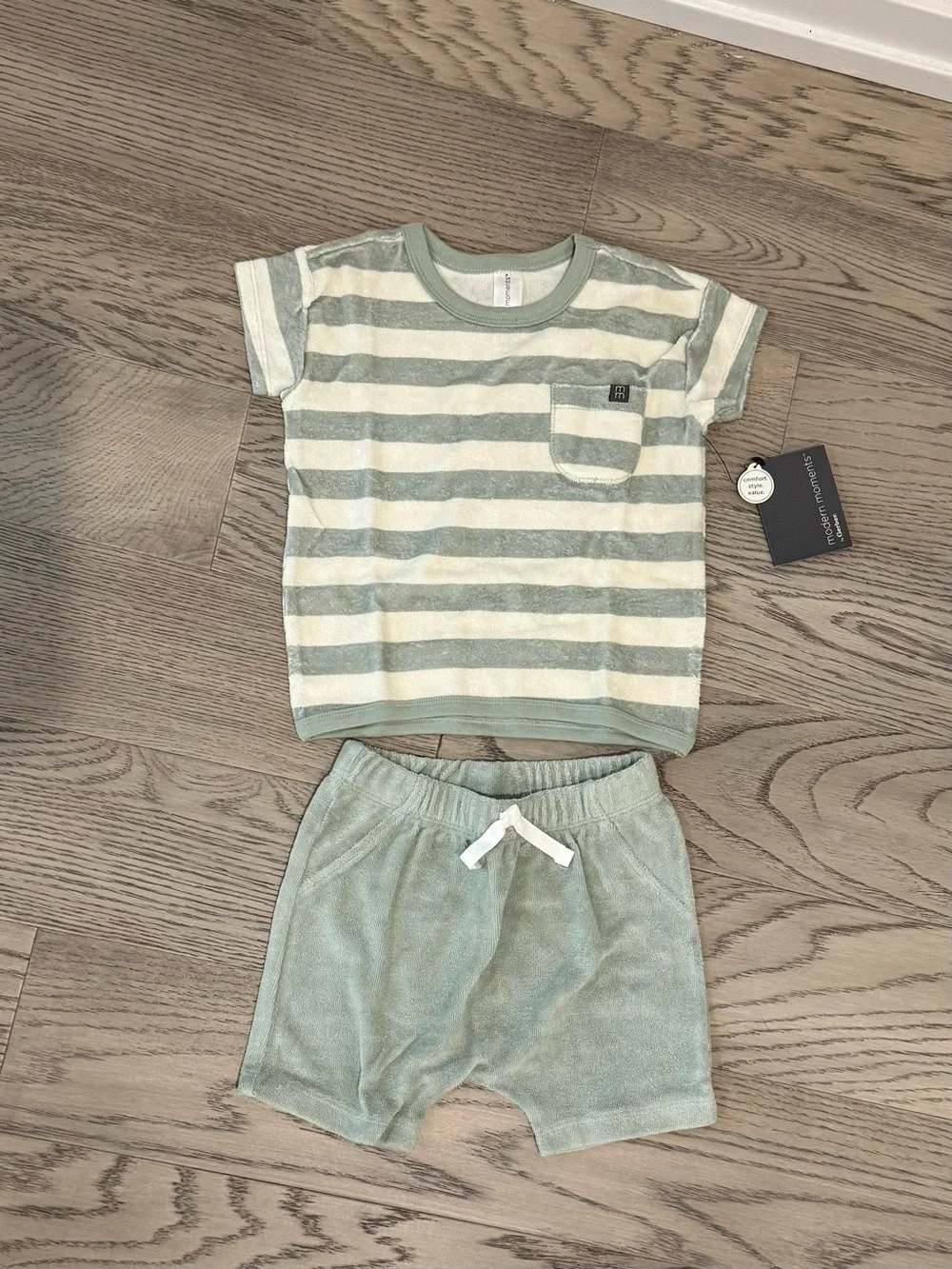 NWT Modern Moments by Gerber Baby Boy Terry Shirt & Shorts Set Sage Stripe 18mn